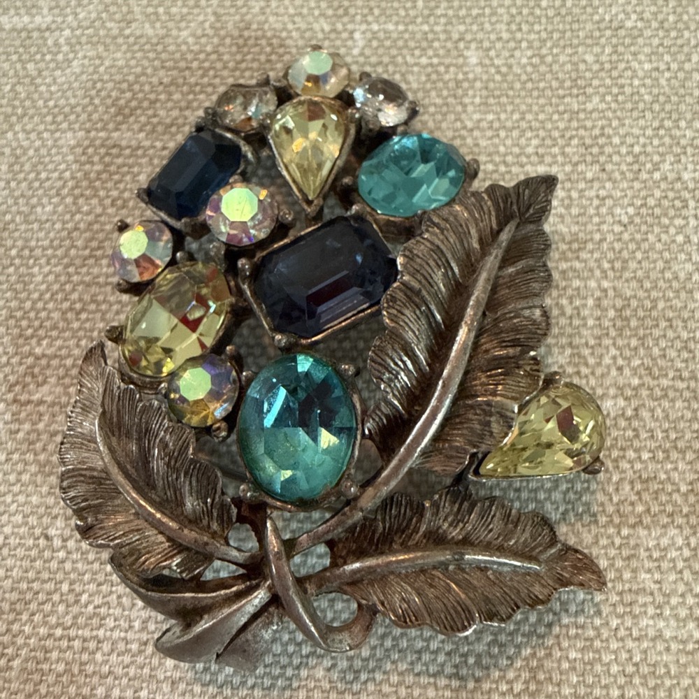 Vintage 1950s CORO Blue Yellow Jewel-tone Rhinestone Fruit Leaf Costume Brooch